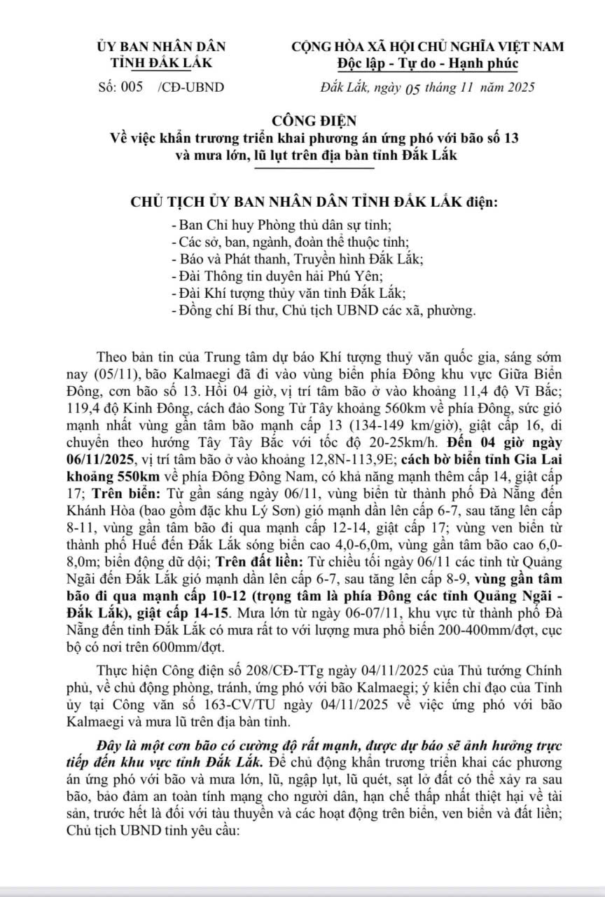 Công điện khẩn về việc khẩn trương triển khai phương án ứng phó với bão số 13 và mưa lớn, lũ lụt trên địa bàn tỉnh Đắk Lắk